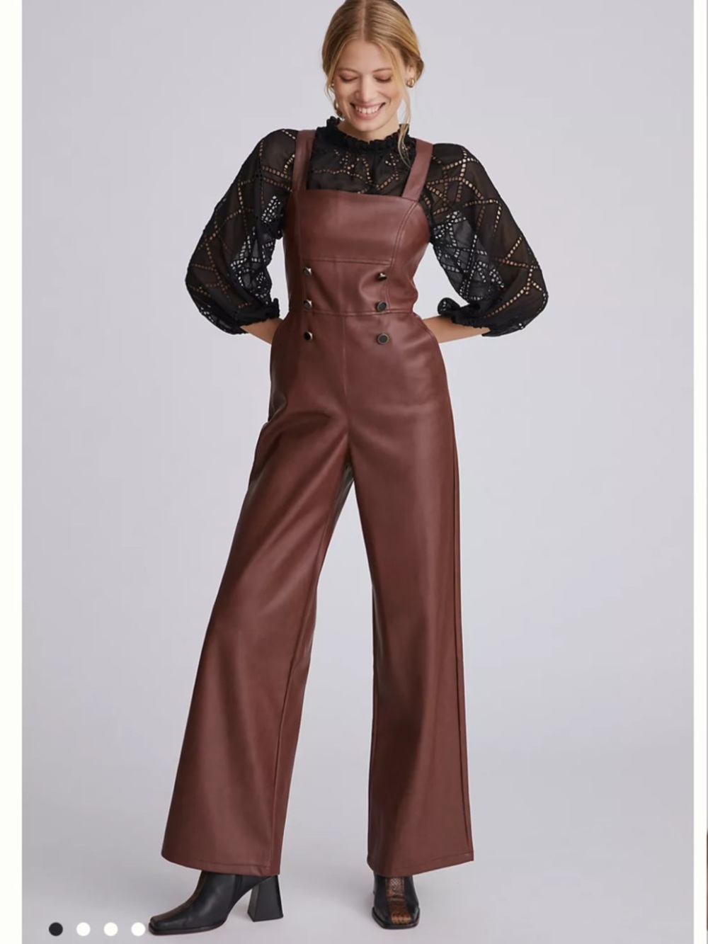 Avec Les Filles Brown Faux Leather Wide-Leg Pinafore Jumpsuit